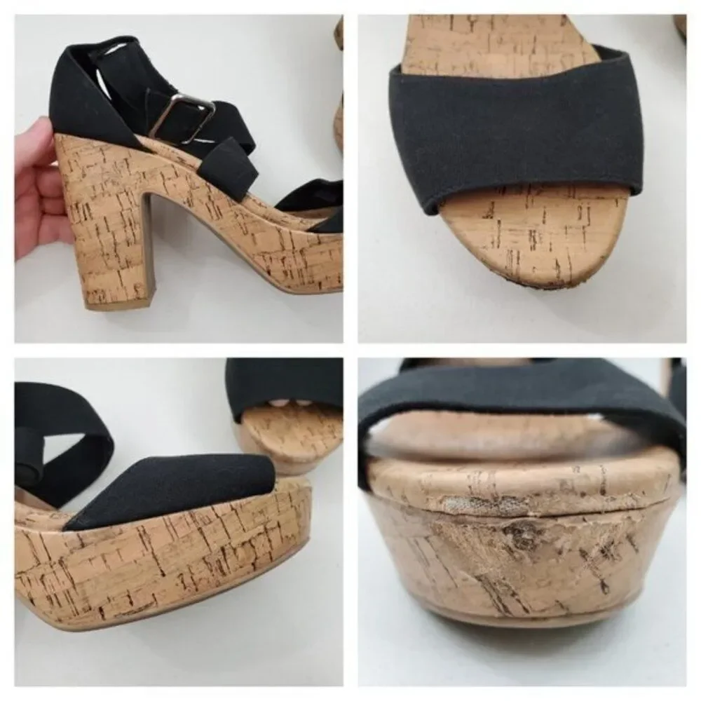 American Eagle Heels 10 Black Faux Cork Vegan Strappy Platform Tan Sandals